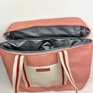 LSPACE Rose Pink Insulated Tote with Cream Pocket and Striped Handles